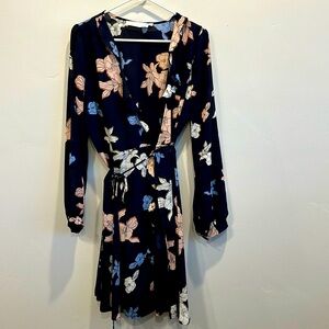 ASTR The Label . Wrap dress. Size L. Navy with blue, pink, and white floral